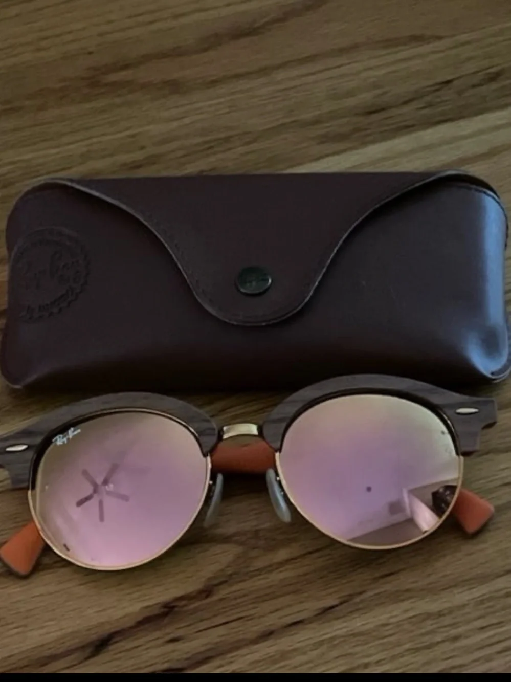 Ray-Ban CLUBROUND WOOD FRAME Matte Light Bronze Orange LENSES Pink